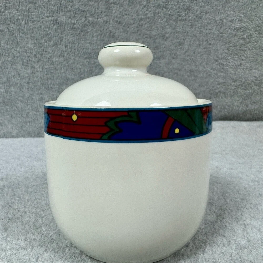 Vitromaster Jazz Sugar Bowl With Lid White Multicolor Geometric Vintage